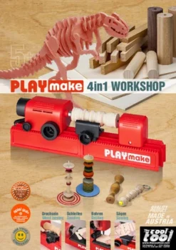 PLAYmake 4 In 1 Houtbewerkingsmachine Houtdraaibank -Bekend Speelgoeds Winkel Playmake Flyer speelactief